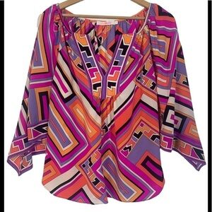 - Alice and Tricia Pink Black Silk Blouse Top Orange Cream Geometric Print